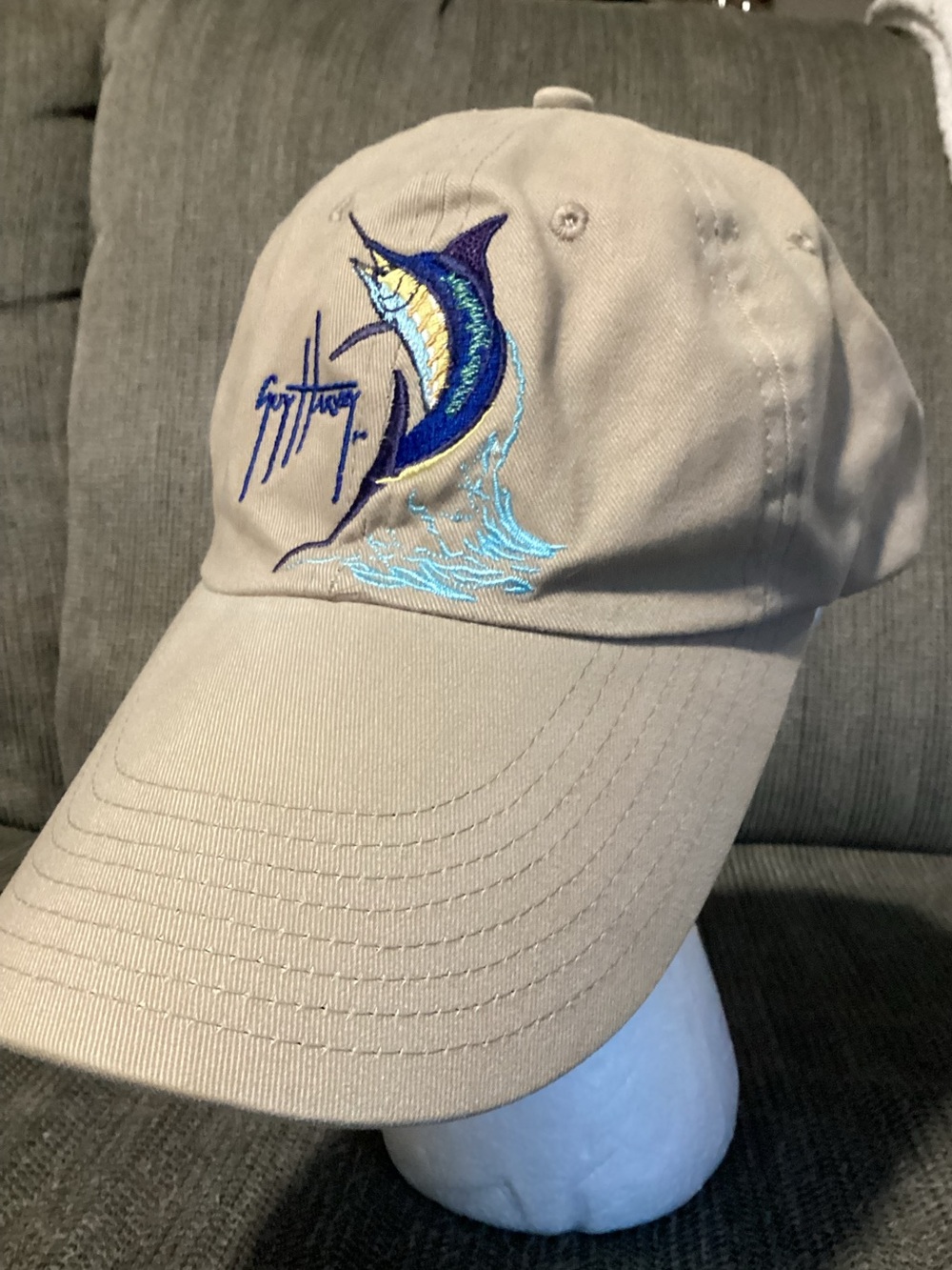 Guy Harvey Hat Cap Embroidered Blue Marlin Signature Ocean Khaki Beige Unisex